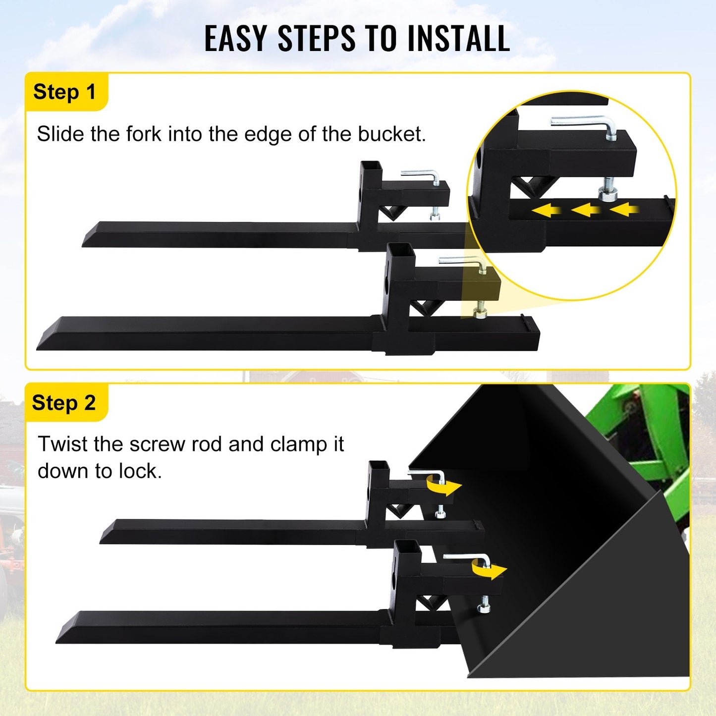 Heavy Duty Clamp-On Pallet Forks for Tractors, 907 kg Capacity, 0.85 Meter Length