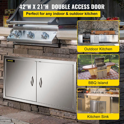 Outdoor BBQ Island Kitchen Double Access Door, Stainless Steel, 106.8 x 53 cm