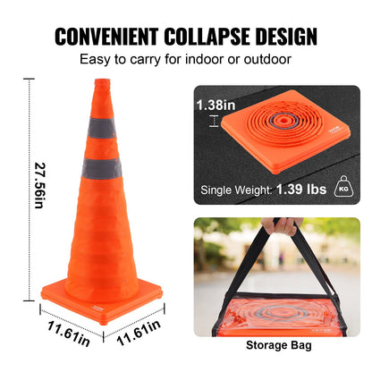 Safety Cones, 4 Pack 28 inch Collapsible Traffic Cones, Construction Cones with Reflective Collars, Wide Base and A Storage Bag, for Traffic Control, Driving Training, Parking Lots