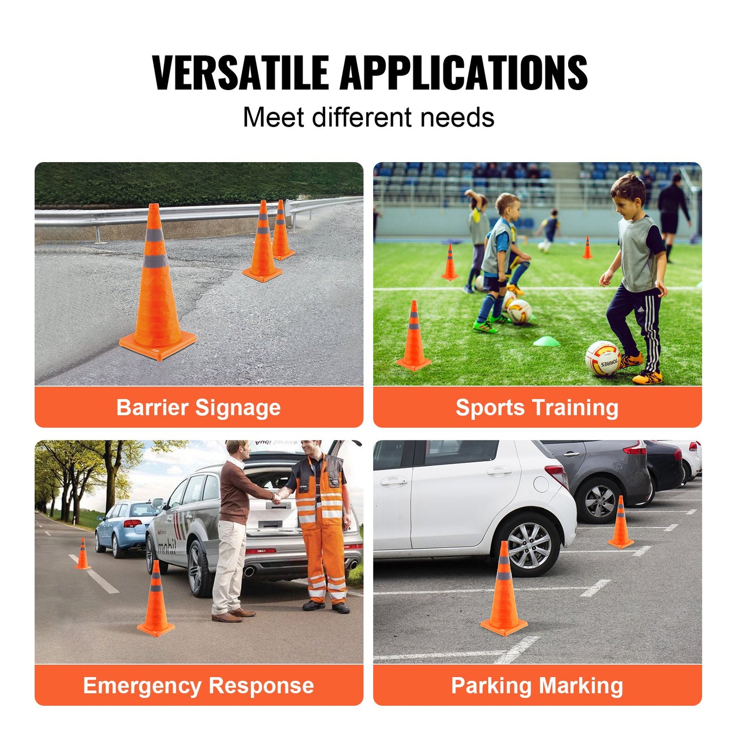 Safety Cones, 4 Pack 28 inch Collapsible Traffic Cones, Construction Cones with Reflective Collars, Wide Base and A Storage Bag, for Traffic Control, Driving Training, Parking Lots
