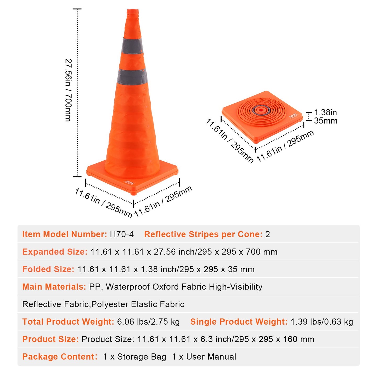 Safety Cones, 4 Pack 28 inch Collapsible Traffic Cones, Construction Cones with Reflective Collars, Wide Base and A Storage Bag, for Traffic Control, Driving Training, Parking Lots