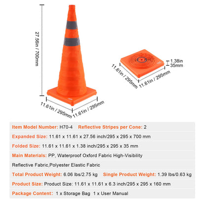 Safety Cones, 4 Pack 28 inch Collapsible Traffic Cones, Construction Cones with Reflective Collars, Wide Base and A Storage Bag, for Traffic Control, Driving Training, Parking Lots