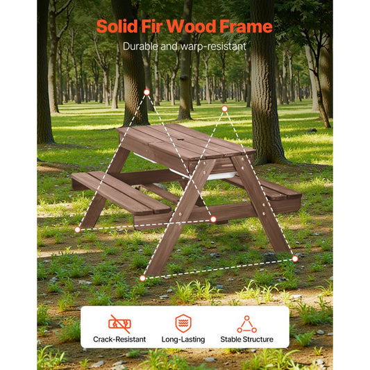 VEVOR Picnic Table Wooden Tables and Bench Set Umbrella Garden Indoor Outdoor