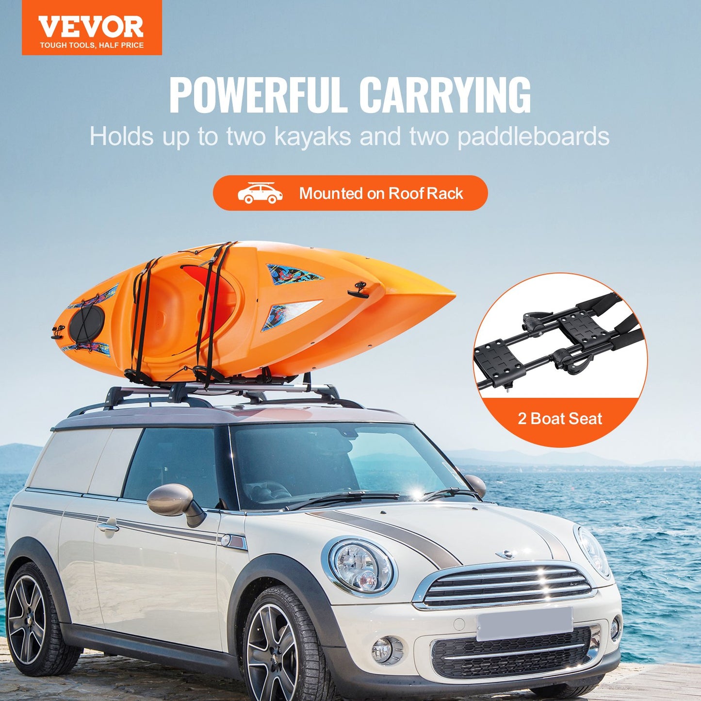 VEVOR Kayak Roof Rack 1 Pair J-Bar, Soft Roof Rack, Top Mount Tie Down, Carrier