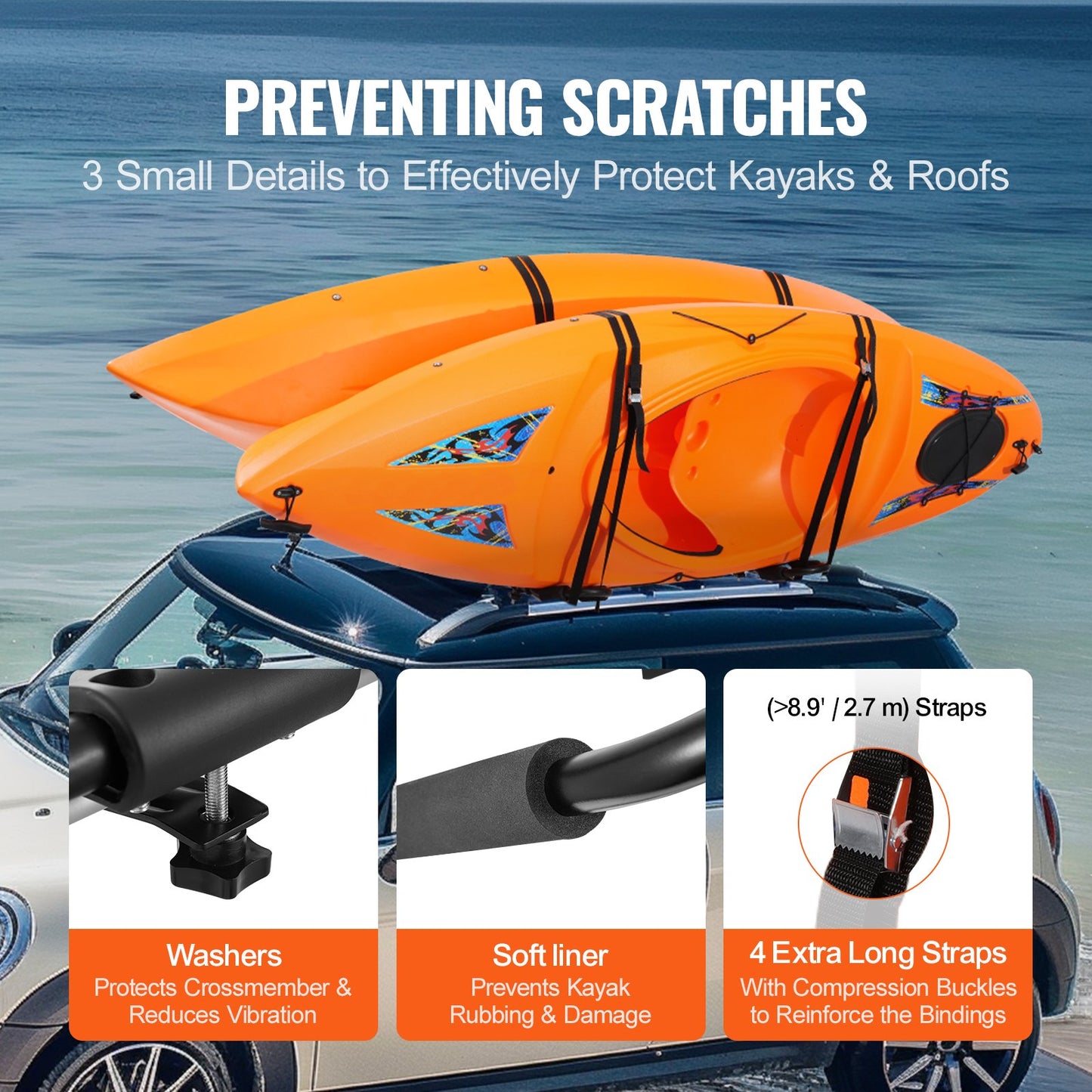 VEVOR Kayak Roof Rack 1 Pair J-Bar, Soft Roof Rack, Top Mount Tie Down, Carrier