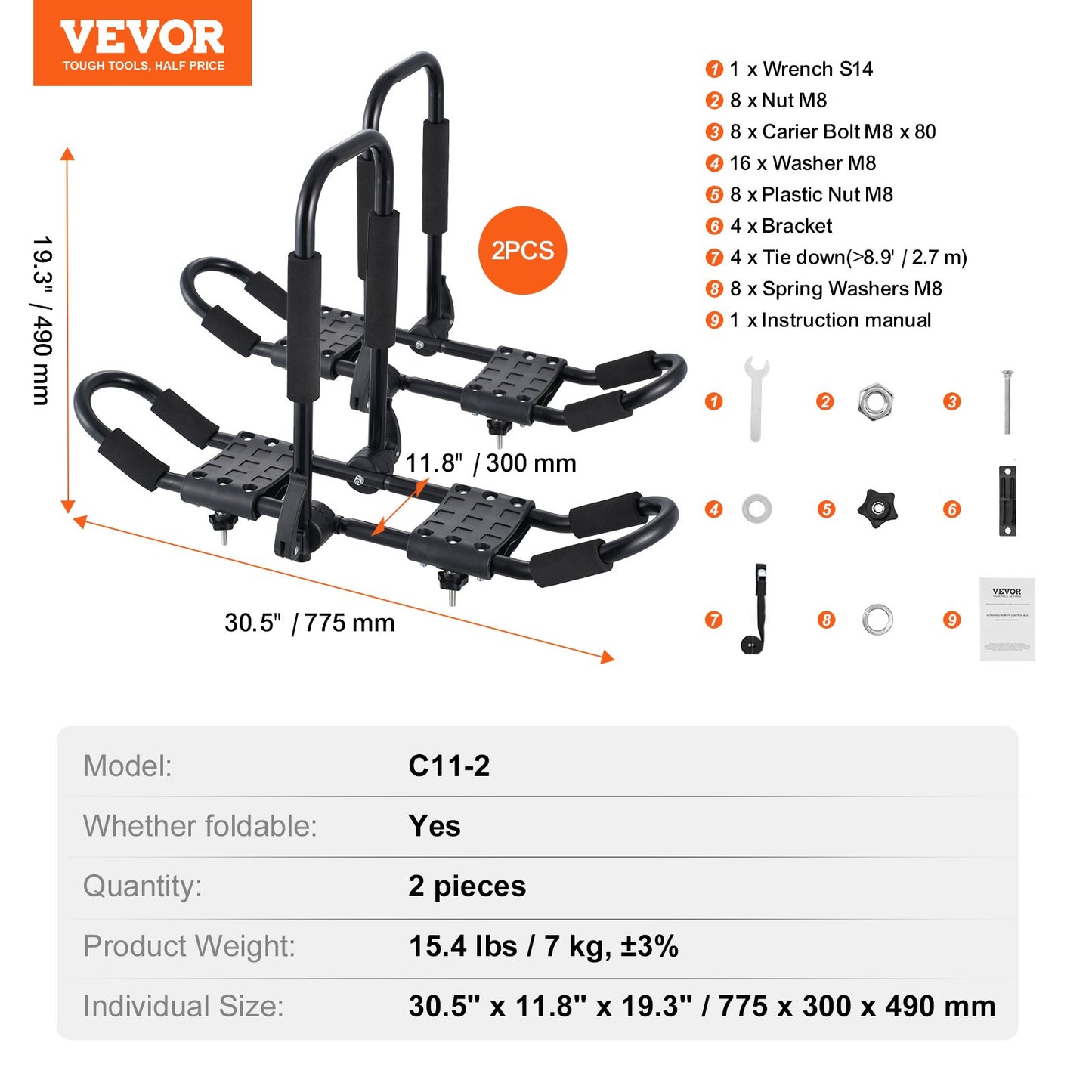 VEVOR Kayak Roof Rack 1 Pair J-Bar, Soft Roof Rack, Top Mount Tie Down, Carrier