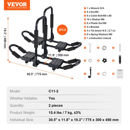 VEVOR Kayak Roof Rack 1 Pair J-Bar, Soft Roof Rack, Top Mount Tie Down, Carrier