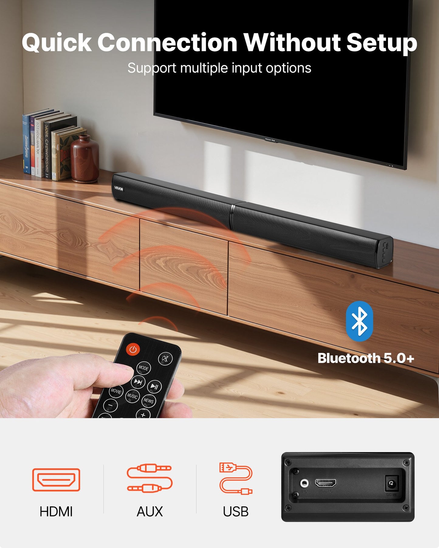 Sound Bar for Smart TV, 2.0 Channel, 800 mm 2 in 1 Detachable Soundbar TV Speakers, with Bluetooth HDMI AUX USB Connection, Remote Control, 80W Surround Sound System, for Home Theater Audio