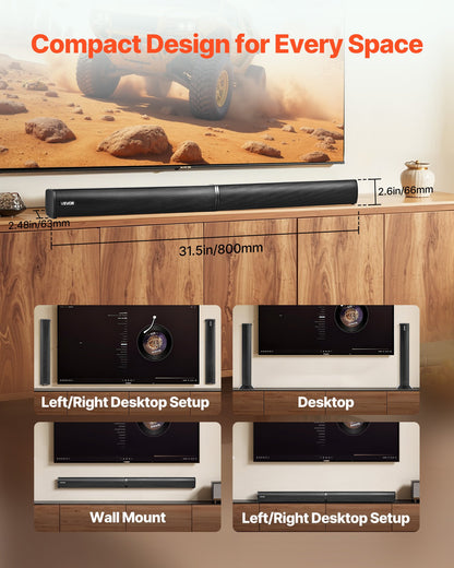 Sound Bar for Smart TV, 2.0 Channel, 800 mm 2 in 1 Detachable Soundbar TV Speakers, with Bluetooth HDMI AUX USB Connection, Remote Control, 80W Surround Sound System, for Home Theater Audio