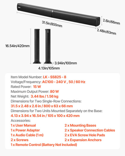 Sound Bar for Smart TV, 2.0 Channel, 800 mm 2 in 1 Detachable Soundbar TV Speakers, with Bluetooth HDMI AUX USB Connection, Remote Control, 80W Surround Sound System, for Home Theater Audio