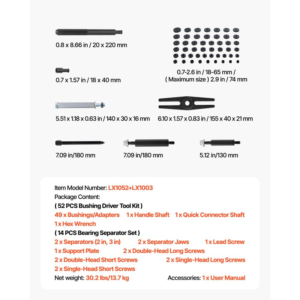 Bearing Press Kit, 52+14 Pcs, 2 in 1 Bushing Driver Tool & Bearing Press Kit, Race and Seal Driver Set with 49 Bushings, Separators and Jaws, Heavy Duty Removal Installation Tool Set with Case