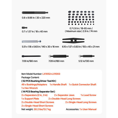 Bearing Press Kit, 52+14 Pcs, 2 in 1 Bushing Driver Tool & Bearing Press Kit, Race and Seal Driver Set with 49 Bushings,