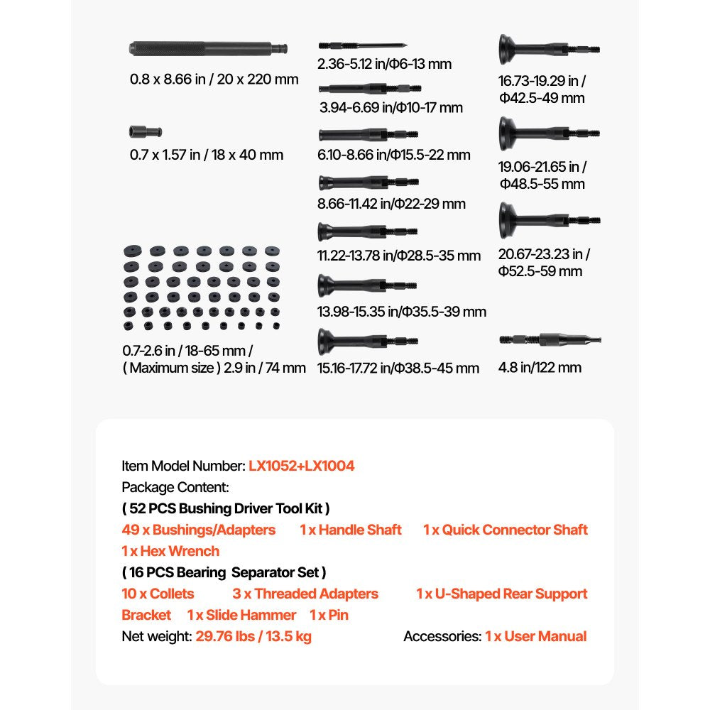 Bearing Press Kit, 52+16 Pcs, 2 in 1 Bushing Driver Tool & Bearing Press Kit, Race and Seal Driver Set with 49 Bushings, 10 Collets, Slide Hammer, Heavy Duty Removal Installation Set with Case