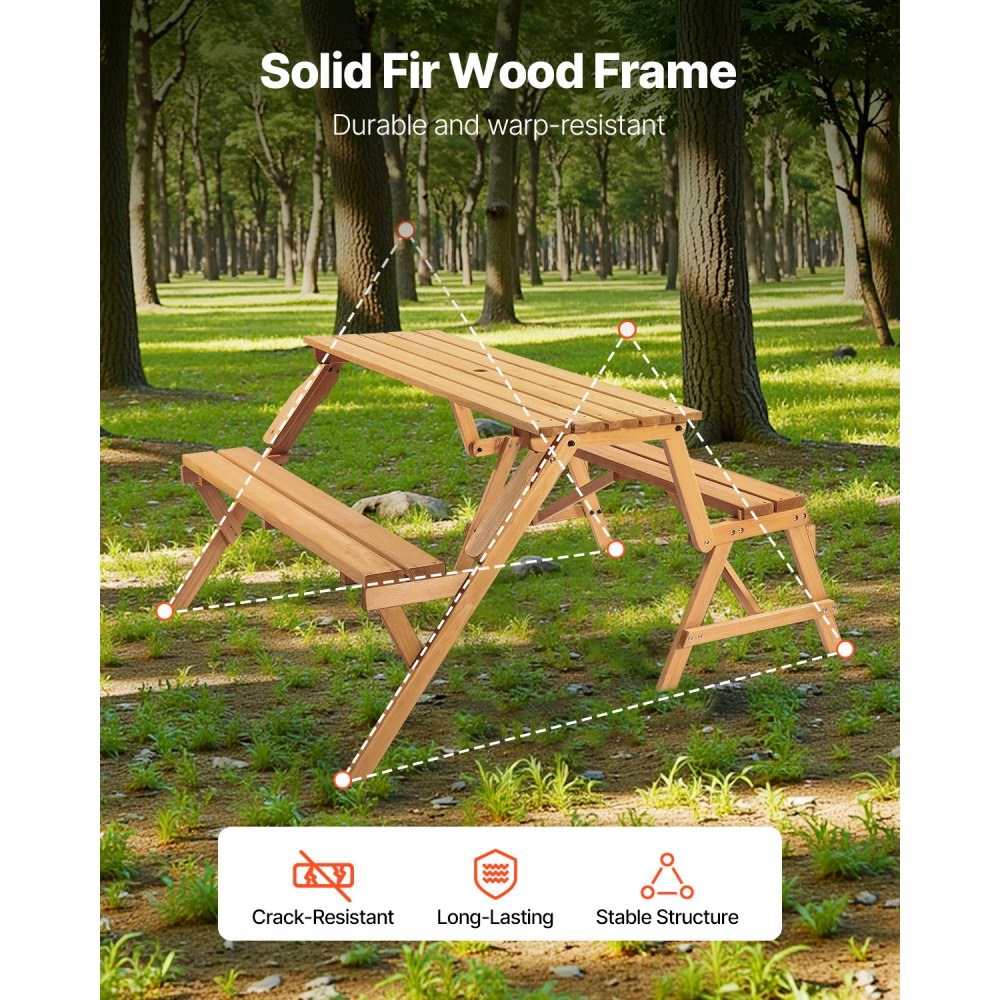 VEVOR 2-in-1 Transforming Interchangeable Picnic Table Wooden Table Bench Set