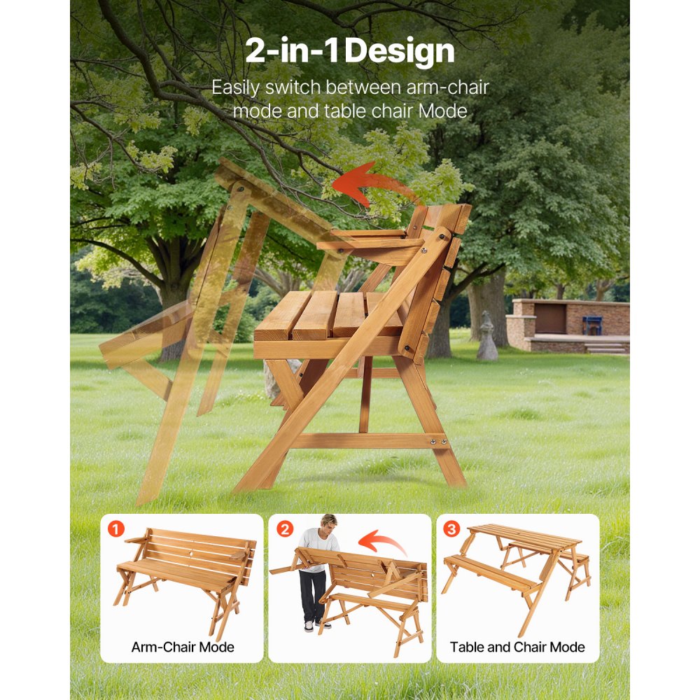 VEVOR 2-in-1 Transforming Interchangeable Picnic Table Wooden Table Bench Set