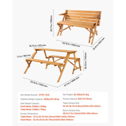 VEVOR 2-in-1 Transforming Interchangeable Picnic Table Wooden Table Bench Set