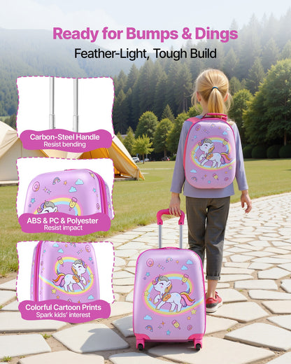 Kids Luggage Set, 2 Piece, 45.7 cm Hardside Rolling Wheels Suitcase with Hard-Shell Backpack, Unicorn Kids Carry on Luggage Set, Holiday Birthday Present for Girls & Boys, Airline Approved
