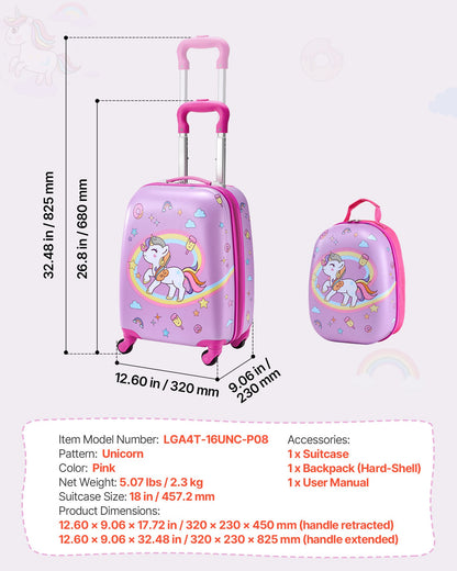 Kids Luggage Set, 2 Piece, 45.7 cm Hardside Rolling Wheels Suitcase with Hard-Shell Backpack, Unicorn Kids Carry on Luggage Set, Holiday Birthday Present for Girls & Boys, Airline Approved