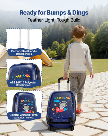 Kids Luggage Set, 2 Piece, 45.7 cm Hardside Rolling Wheels Suitcase with Hard-Shell Backpack, Dinosaur Kids Carry on Luggage Set, Holiday Birthday Present for Girls & Boys, Airline Approved