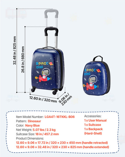 Kids Luggage Set, 2 Piece, 45.7 cm Hardside Rolling Wheels Suitcase with Hard-Shell Backpack, Dinosaur Kids Carry on Luggage Set, Holiday Birthday Present for Girls & Boys, Airline Approved