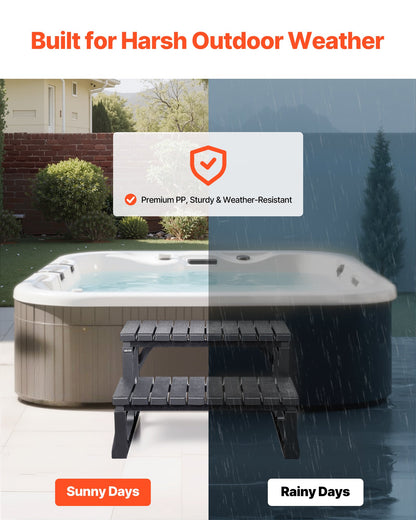 Hot Tub Step, 2-Step Spa Outdoor Stairs, Heavy Duty 599.5 mm Wide PP Above-Ground/Inflatable Pool Ladder with 145.2 kg Weight Capacity, Multi-Use for Porch, Patio, Deck, Campers,Black