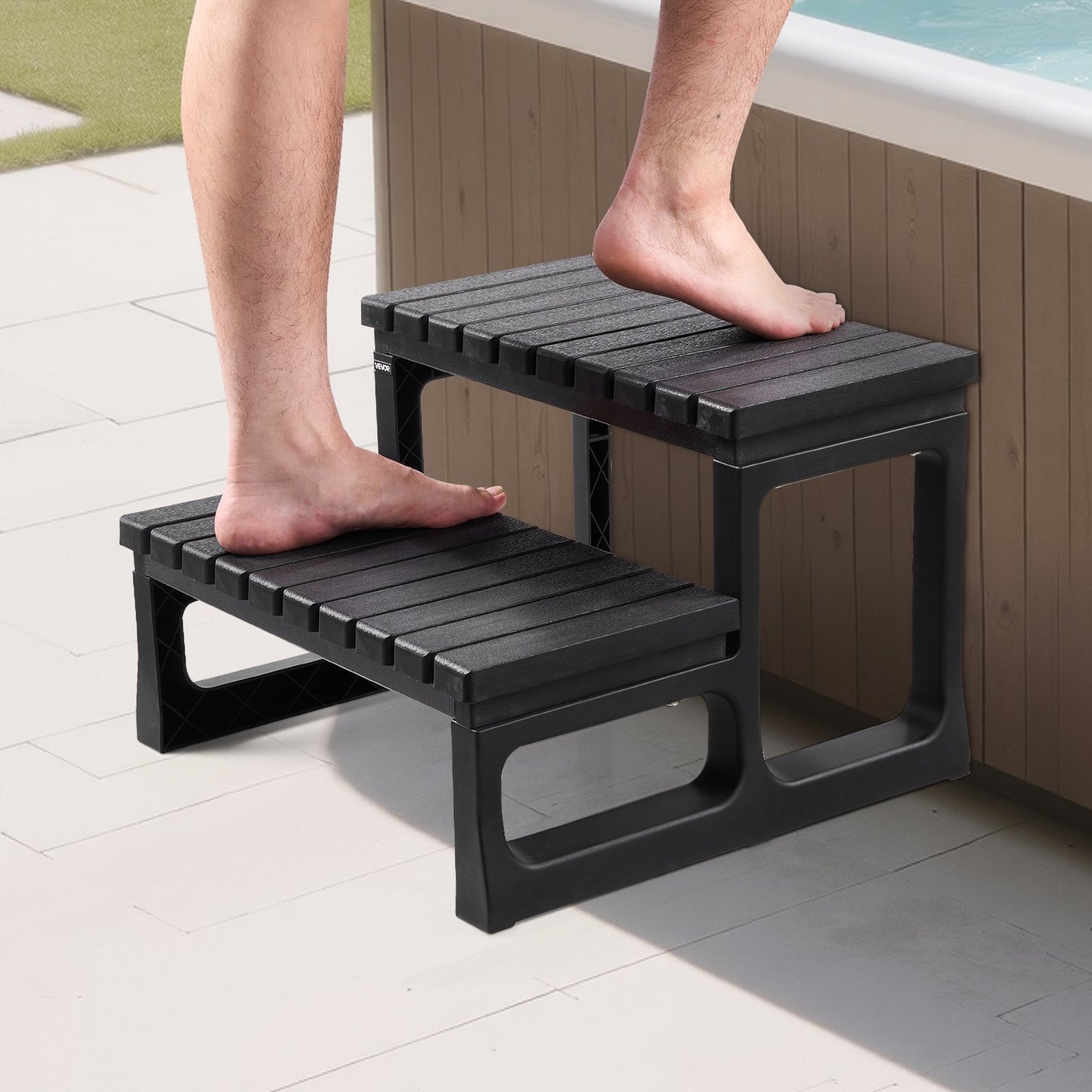 Hot Tub Step, 2-Step Spa Outdoor Stairs, Heavy Duty 599.5 mm Wide PP Above-Ground/Inflatable Pool Ladder with 145.2 kg Weight Capacity, Multi-Use for Porch, Patio, Deck, Campers,Black