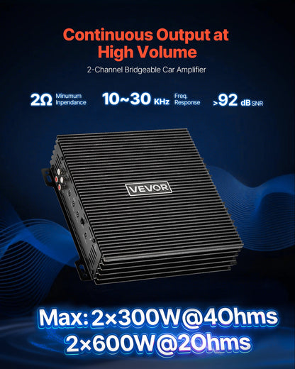 Car Audio Amplifier, 2-Channel Bridgeable Car Amplifier, Full-Range Class AB Stereo Amp, Max. 2 x 300W at 4 Ohms / 2 x 600W at 2 Ohms, High Output, for SUVs, Pickups, and Off-Road Vehicles