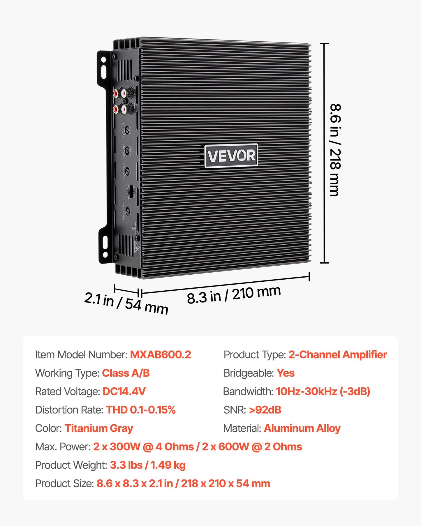 Car Audio Amplifier, 2-Channel Bridgeable Car Amplifier, Full-Range Class AB Stereo Amp, Max. 2 x 300W at 4 Ohms / 2 x 600W at 2 Ohms, High Output, for SUVs, Pickups, and Off-Road Vehicles