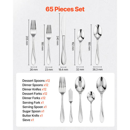 VEVOR 65-Piece Silverware Set Stainless Steel Cutlery Flatware Utensils for 12