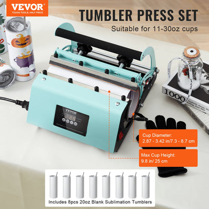Sublimation Tumbler Press Set with 8 Stainless Steel Tumblers, 0.36m, 9kg
