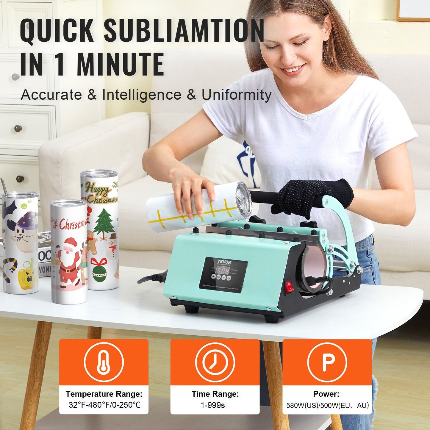 Sublimation Tumbler Press Set with 8 Stainless Steel Tumblers, 0.36m, 9kg