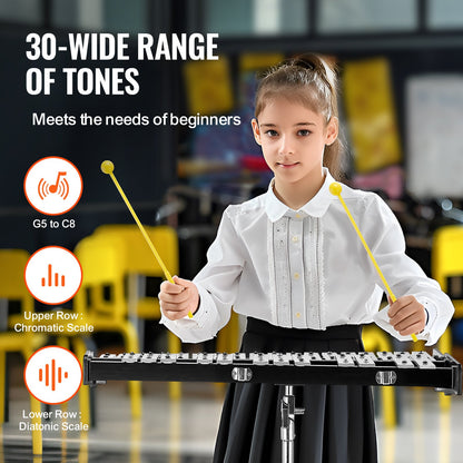 VEVOR 30 Note Glockenspiel Xylophone Bell Kit, Professional Percussion Instrument