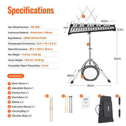 VEVOR 30 Note Glockenspiel Xylophone Bell Kit, Professional Percussion Instrument