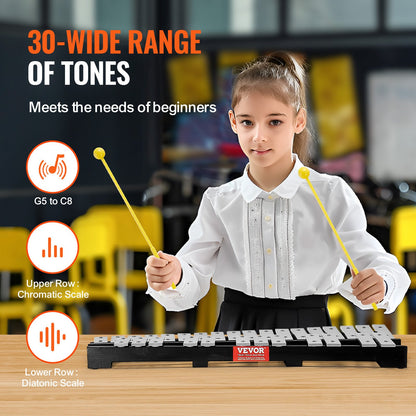 VEVOR 30 Note Glockenspiel Xylophone Bell Kit, Percussion Instrument with Mallets,