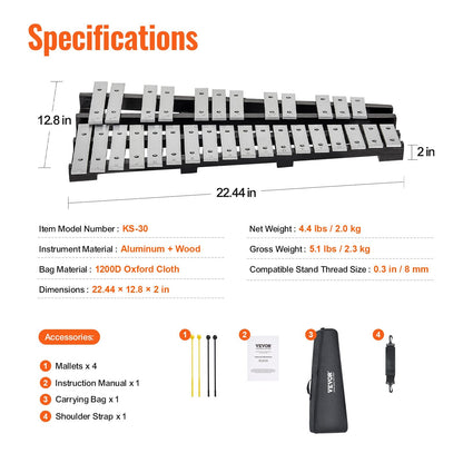30-Note Glockenspiel Xylophone Kit with Mallets, Drum Sticks & Carry Bag