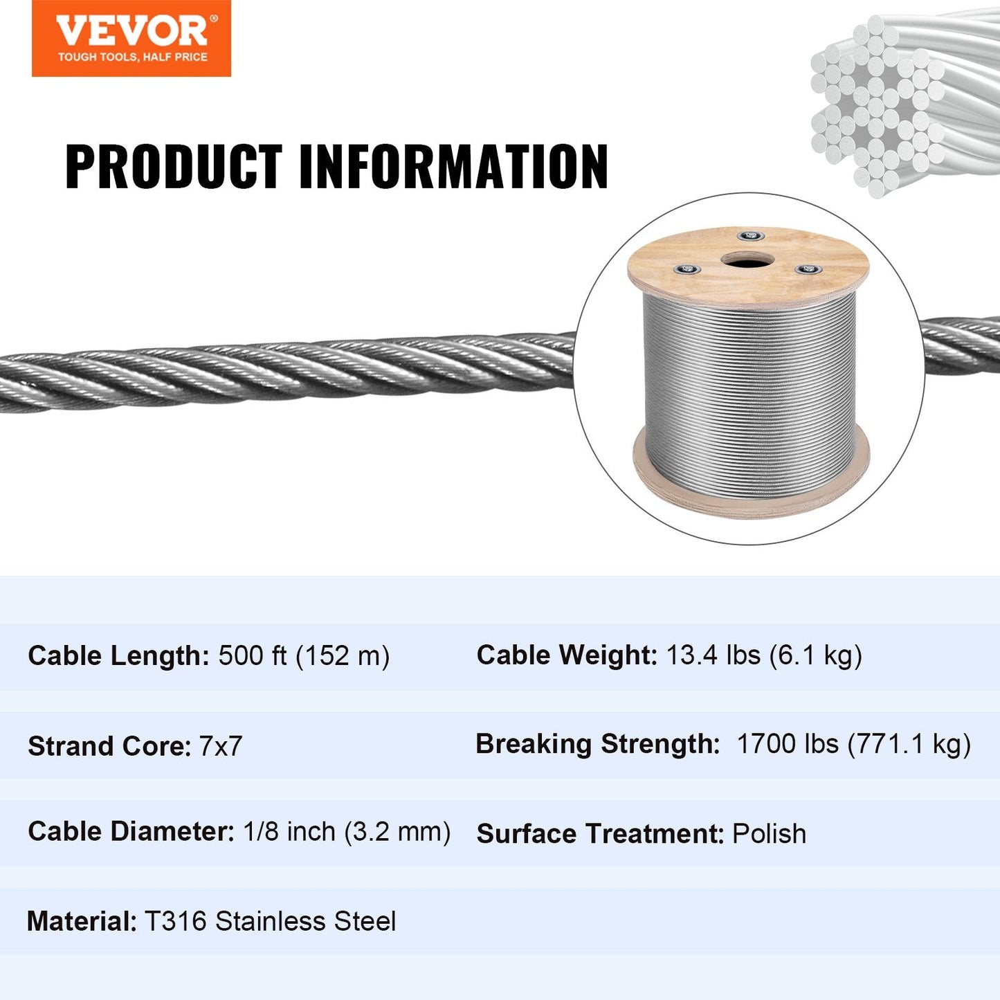 Stainless Steel 3.2mm Cable Railing, 152m Marine Grade Wire Rope for Decks