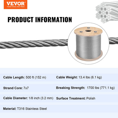 Stainless Steel 3.2mm Cable Railing, 152m Marine Grade Wire Rope for Decks
