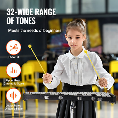 VEVOR 32 Note Glockenspiel Xylophone Bell Kit, Professional Percussion Instrument
