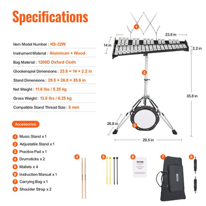 Professional 32-Note Glockenspiel Xylophone Kit with Stand & Accessories