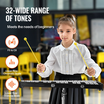 VEVOR 32 Note Glockenspiel Xylophone Bell Kit, Professional Percussion Instrument