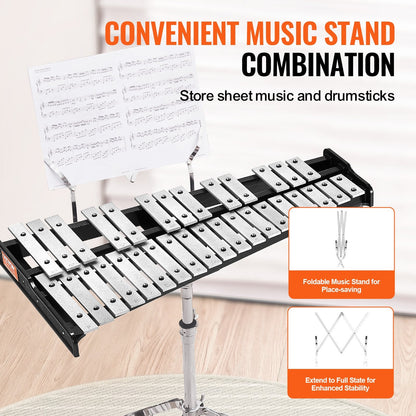 32-Note Professional Glockenspiel Kit with Stand, Mallets, and Carrying Bag