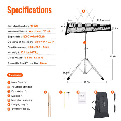 VEVOR 32 Note Glockenspiel Xylophone Bell Kit, Professional Percussion Instrument
