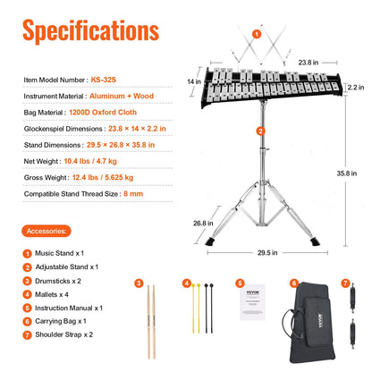 32-Note Professional Glockenspiel Kit with Stand, Mallets, and Carrying Bag