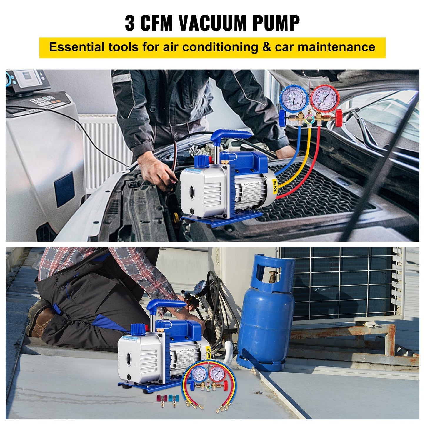 3CFM 84 L/M Single-Stage Refrigerant Vacuum Pump with Manifold Gauges Kit