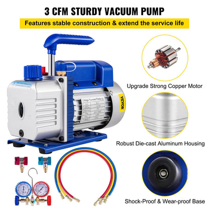 3CFM 84 L/M Single-Stage Refrigerant Vacuum Pump with Manifold Gauges Kit