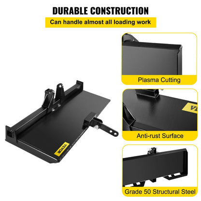 Three-point skid steer mount plate features adjustable lifting arms from 8 to 43.75 inches
