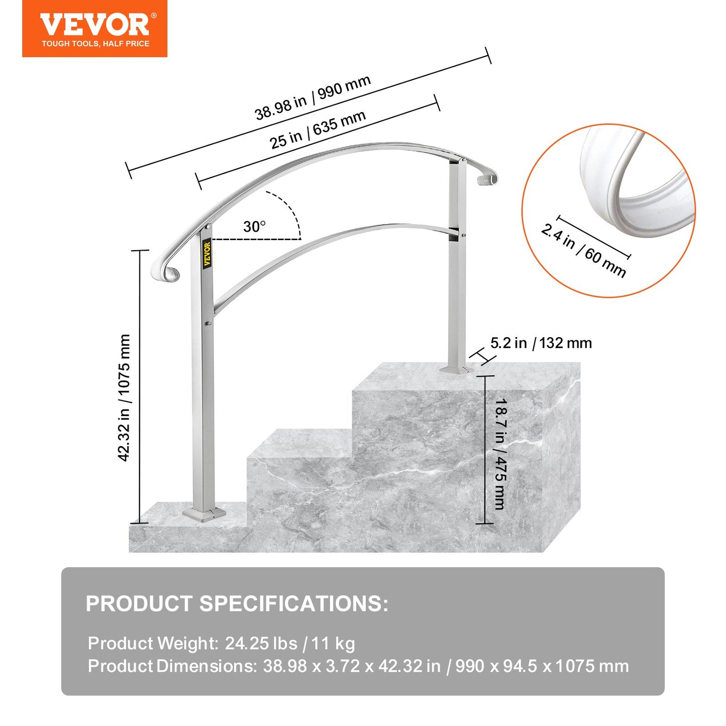 Handrails for Outdoor Steps, Fit 1 or 3 Steps Outdoor Stair Railing, White Wrought Iron Handrail, Flexible Front Porch Hand Rail, Transitional Handrails for Concrete Steps or Wooden Stairs