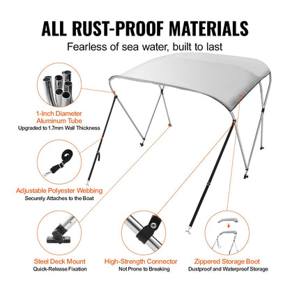 3 Bow Bimini Top Boat Cover, 900D Polyester Canopy, Aluminum Frame