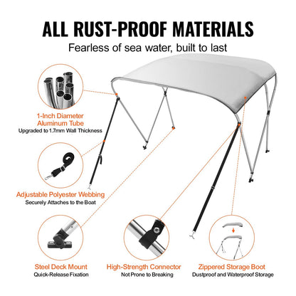 3-Bow Bimini Top Boat Cover, 900D Polyester Canopy with Aluminum Frame