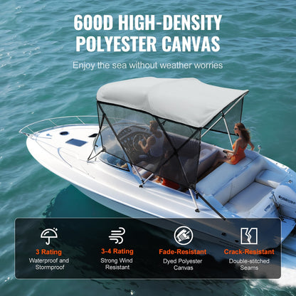 3-Bow Boat Bimini Top Cover with Mesh Sidewalls, 600D Polyester, Light Grey